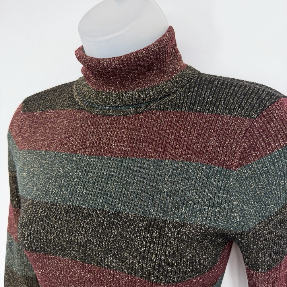 A.L.C. Sz M Metallic Shimmer Striped Turtleneck Sweater Merino Wool Rib Knit - Picture 3 of 8